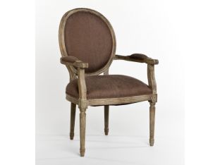 Limed Gray Oval Louis Arm Chair with Aubergine Linen Upholstery